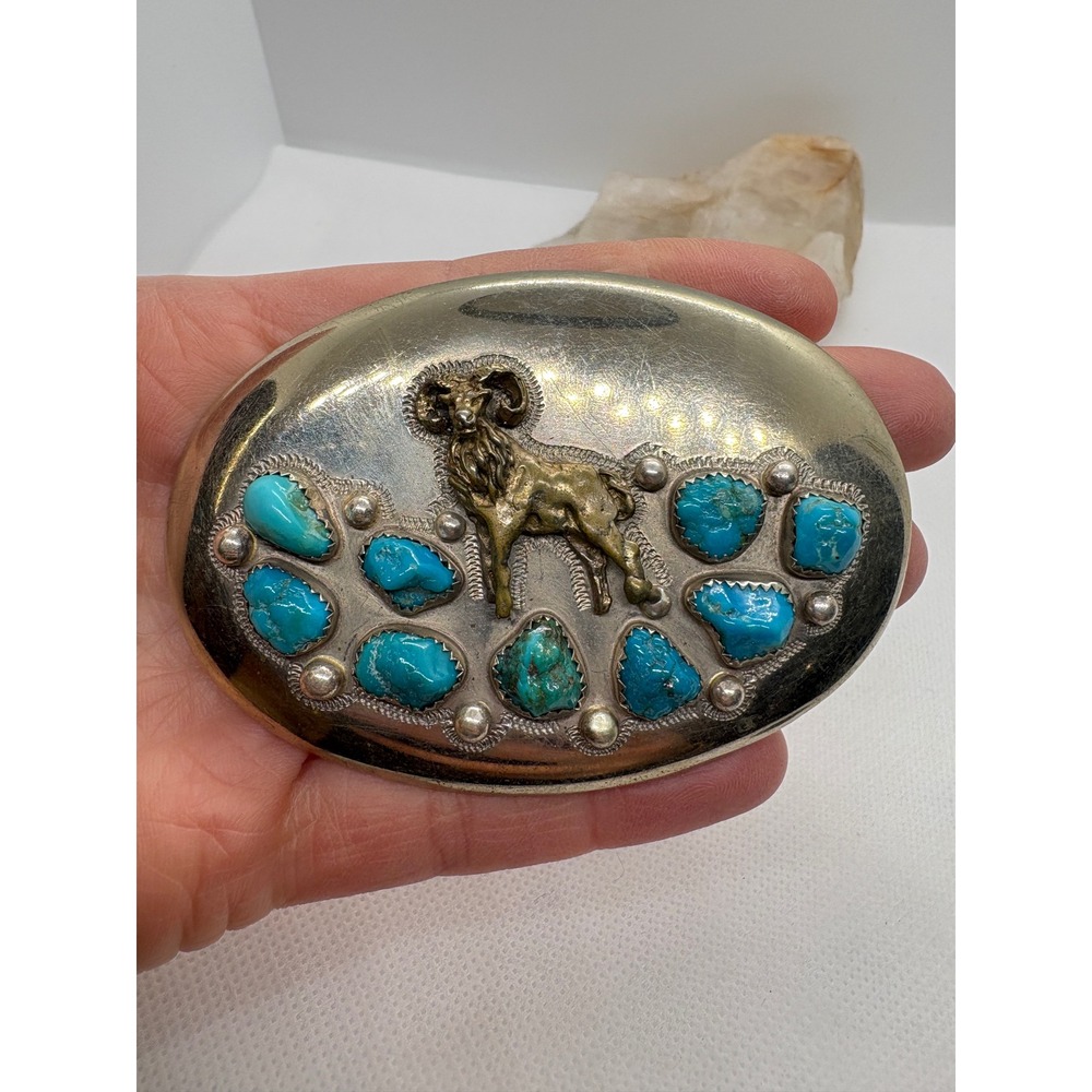 Vintage Ahumada & Sons Baboquivari Turquoise Ram Belt Buckle Silver Tone Oval - Picture 2 of 10